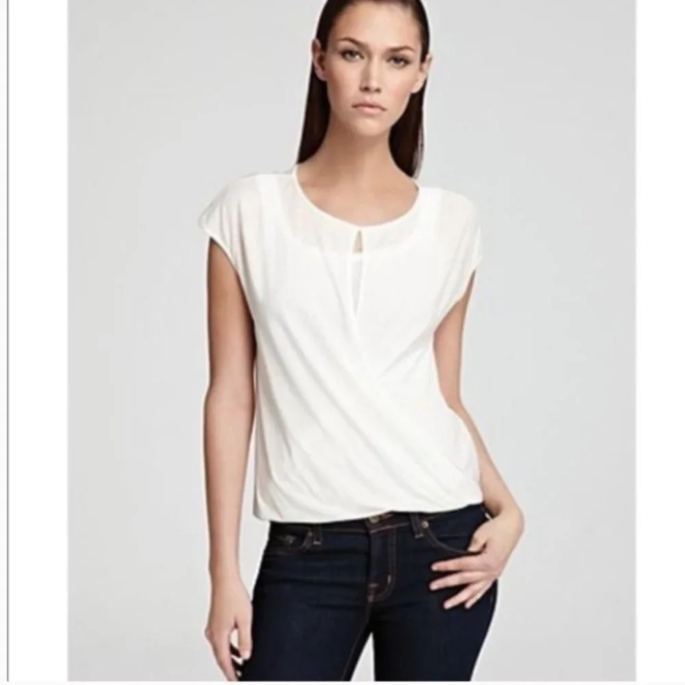 Theory Ivory White Diona Faux Wrap Short Sleeve Cotton Blend Top
